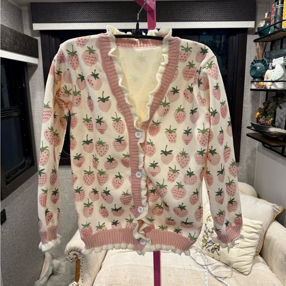 no brand Sweaters - Strawberry Print Cardigan Sweater - Pink & Cream XS